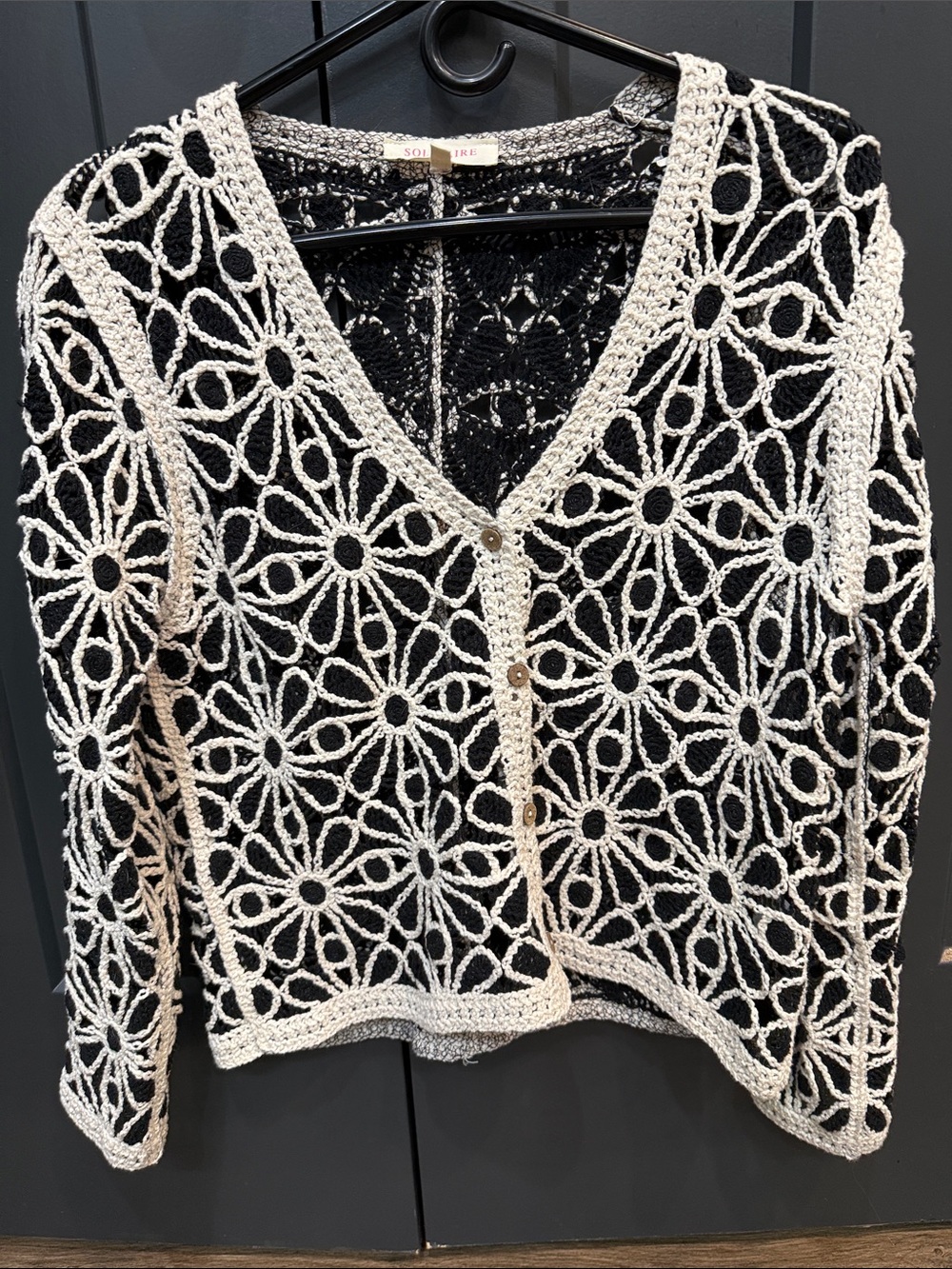 Solitaire Cream Crochet Cardigan with Black Underlay
